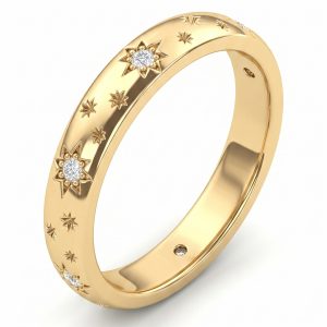 Celestial Star Motif Gold Band Ring with Round Moissanite Stones